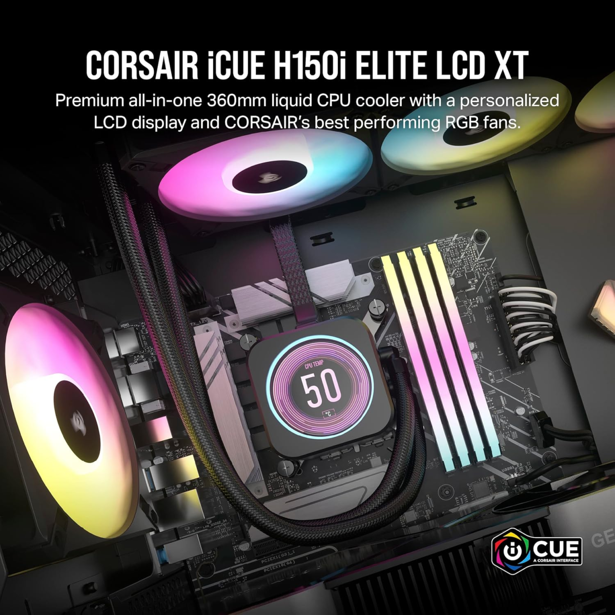 Icue H150I Elite LCD XT Liquid CPU Cooler - IPS LCD Screen - Three AF120 RGB Elite Fans - 360Mm Radiator - Fits Intel® LGA 1700, AMD® AM5, and More - Included Icue Commander CORE - Black - Image 2