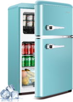 3.2 Cu.Ft Compact Refrigerator Mini Fridge with Freezer, Retro Dual Door Small Fridge with Freezer, 7 Level Thermostat & Removable Shelves, Small Refrigerator for Dorm, Office, Bedroom, Blue