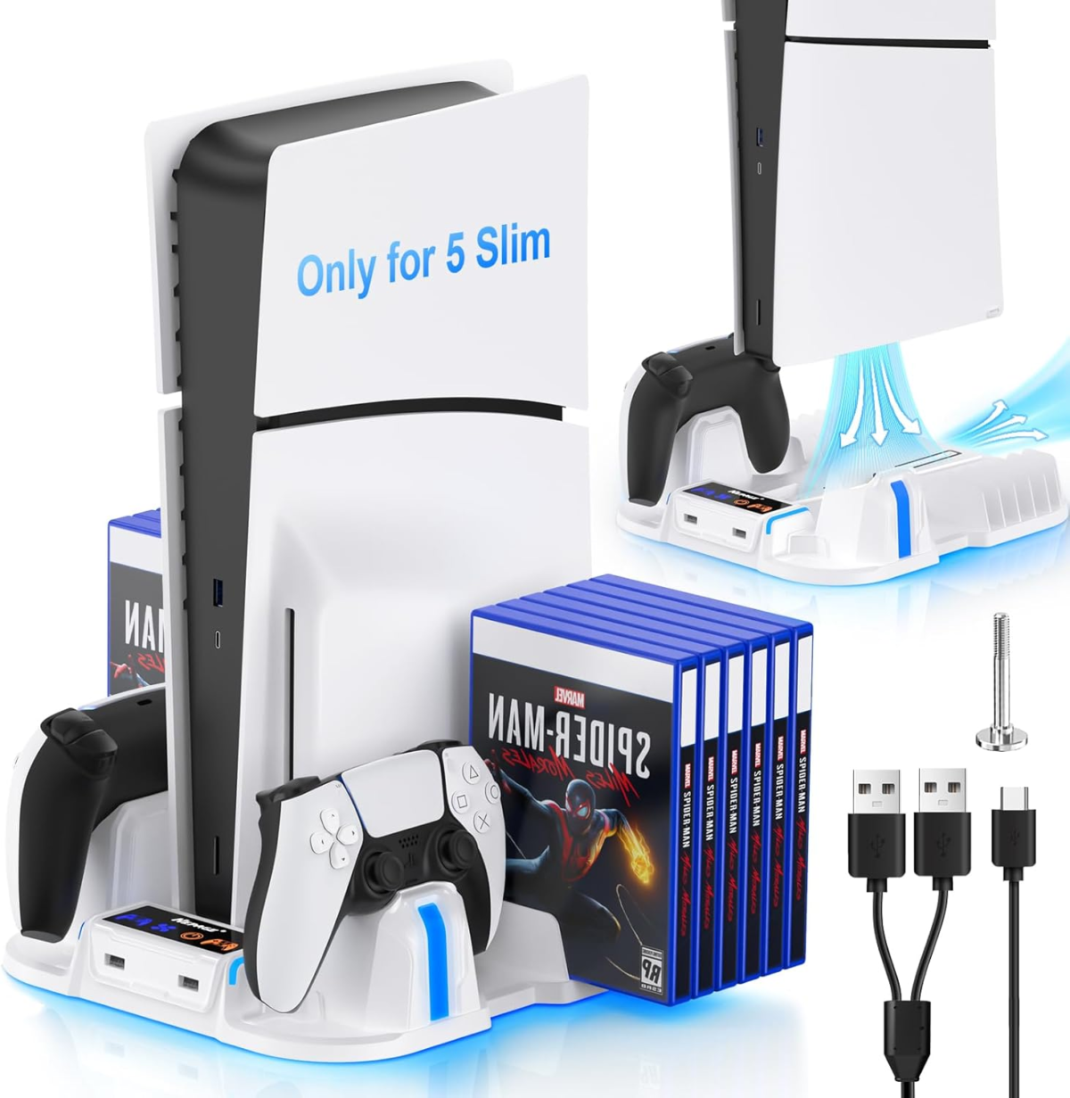 5 Slim Cooling Stand with Controller Charging Station for 5 Slim Console(Digital/Disc), Console Accessories Incl. 3 Levels Cooling Fan, 12 Pcs Game Storage for 5 Slim Console, White - Image 1
